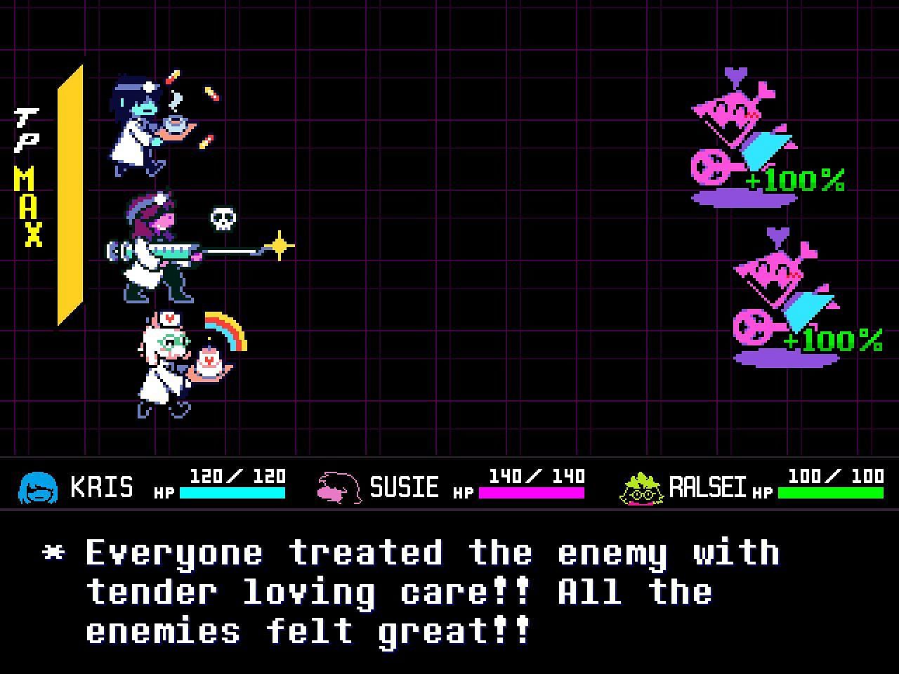 Kris, Susie, and Ralsei in-game (Image via tobyfox)